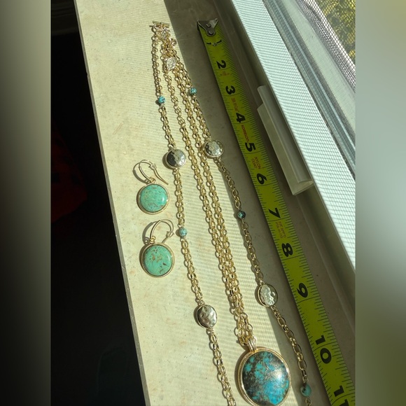 🆕 Gold & Gemstone 20” & 34” Necklaces + Earrings Layered 3 Piece Reversible Set